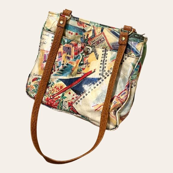 Unique vintage vinyl colored pencil illustrated European scenery artist purse - Picture 2 of 8